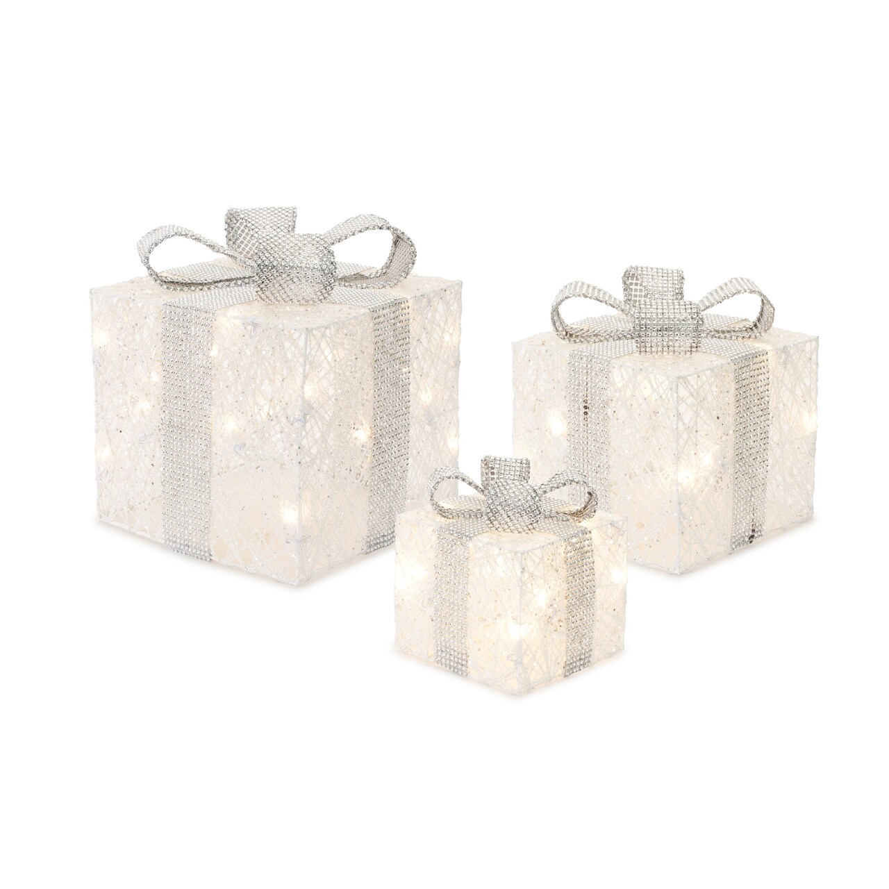 Contemporary Home Living Set of 3 LED White Gift Box and Silver Ribbon with Lights and Timer 11"